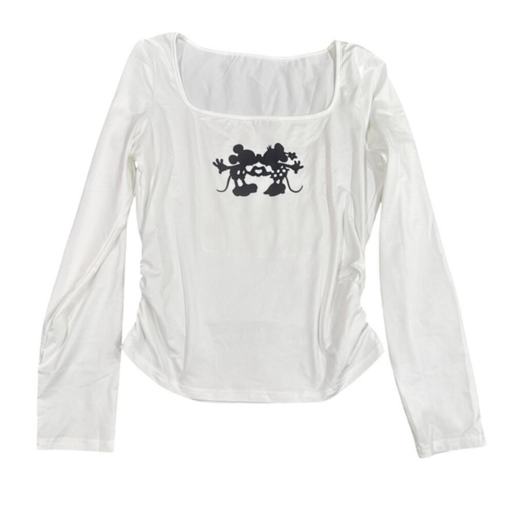 Women's Square Neck Long Sleeve Custom Mickey and Minnie Top in White, Size L
